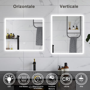 AICA Specchio da bagno  60 x 50 cm, dimmerabile, Funzione Memoria, antiappannamento, 3 colori
