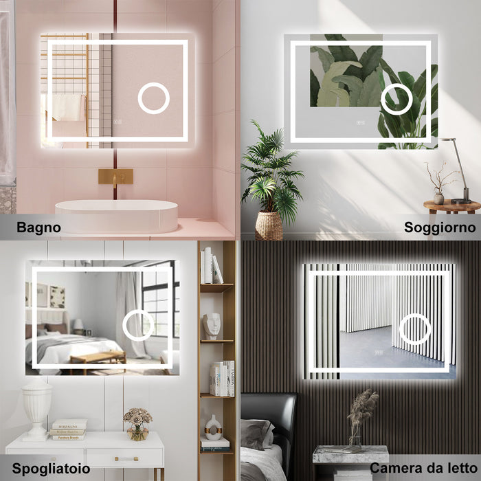 AICA Specchio da bagno  80 x 60 cm, dimmerabile, Blue tooth, Funzione Memoria, antiappannamento, 3 colori, Magnificatore