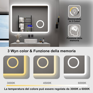 AICA Specchio da bagno  80 x 60 cm, dimmerabile, Blue tooth, Funzione Memoria, antiappannamento, 3 colori, Magnificatore,  orologio