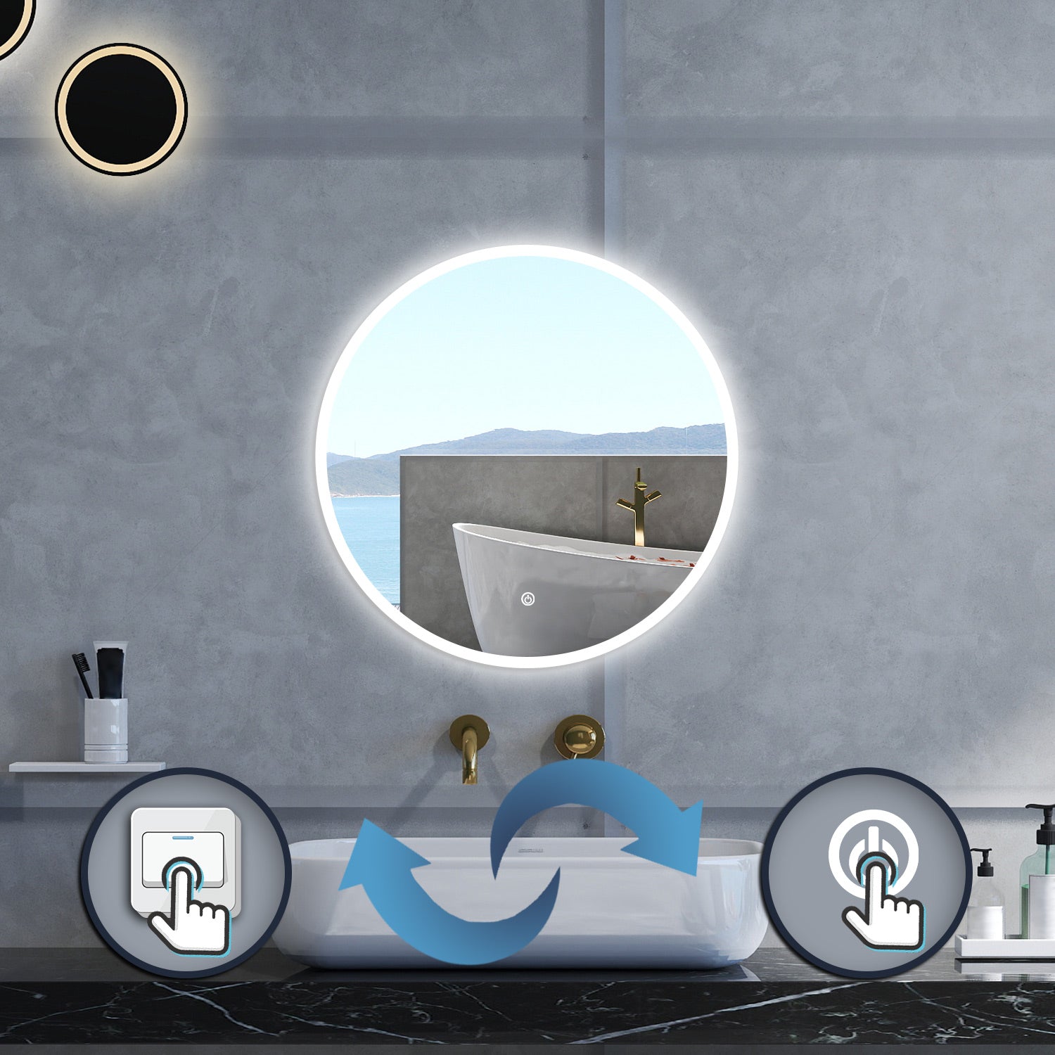 Specchio da bagno Rotondo con 60cm,Memoria,Regorabile,Retroilluminato,doppio interruttore,HD temperato