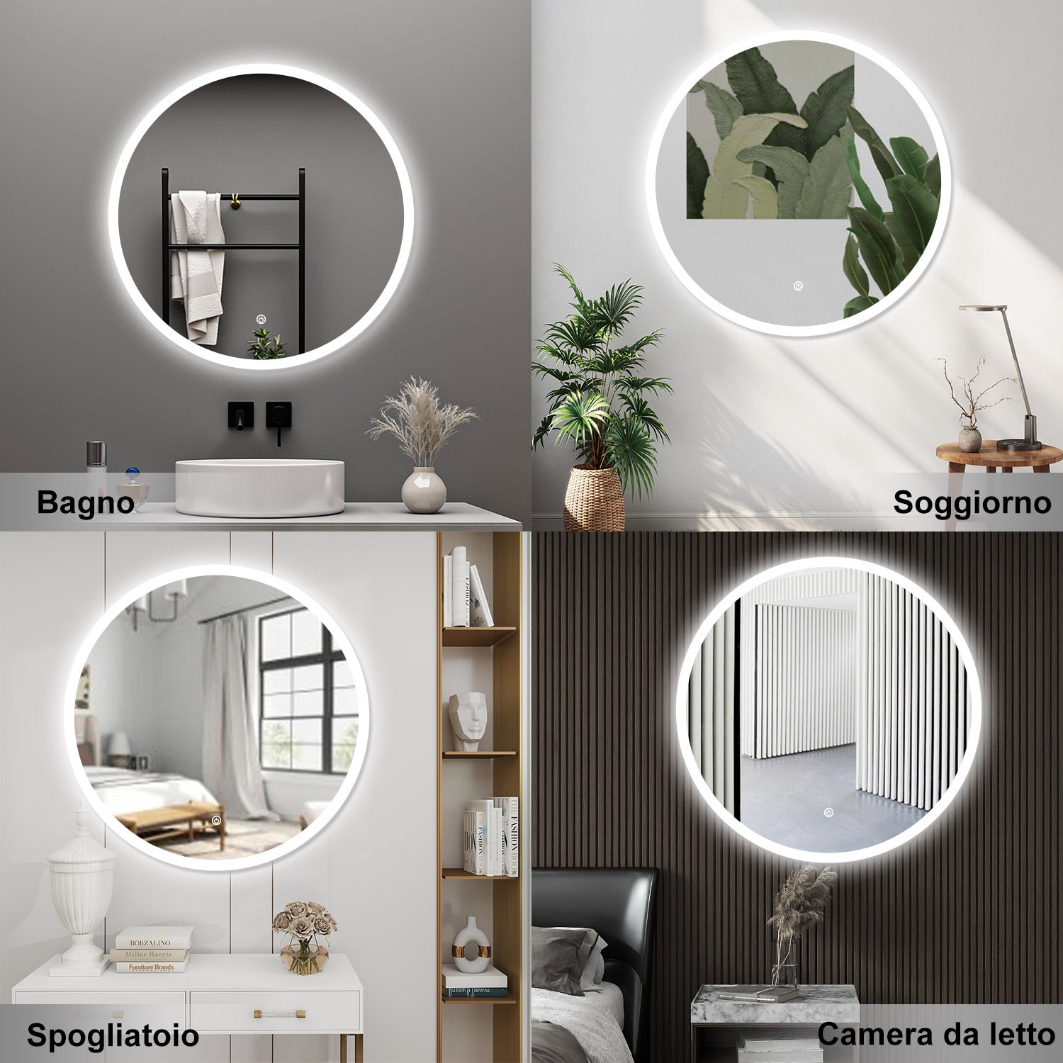 AICA Specchio da bagno 90 x 90 cm, antiappannamento, dimmerabile, interruttore touch, Funzione Memoria