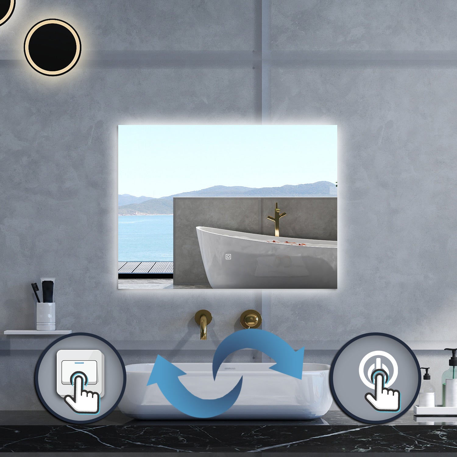 Specchio da bagno Rettangolare con 90x70cm,Memoria, Antifog,Regorabile,Retroilluminato,doppio interruttore,