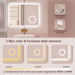 AICA Specchio da bagno  60 x 80 cm, dimmerabile, Blue tooth, Funzione Memoria, antiappannamento, 3 colori, Magnificatore