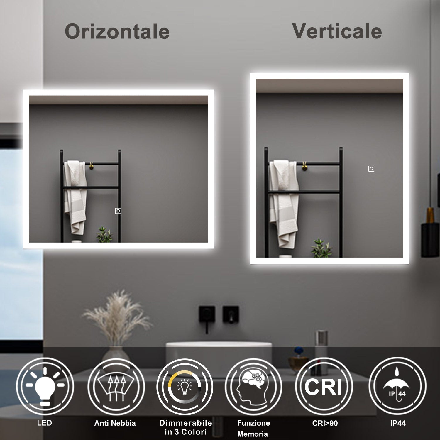 AICA Specchio da bagno  80 x 60 cm, dimmerabile, Funzione Memoria, antiappannamento, 3 colori