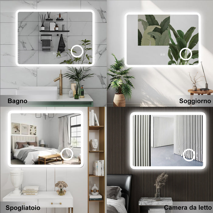 AICA Specchio da bagno  60 x 80 cm, dimmerabile, Blue tooth, Funzione Memoria, antiappannamento, 3 colori, Magnificatore