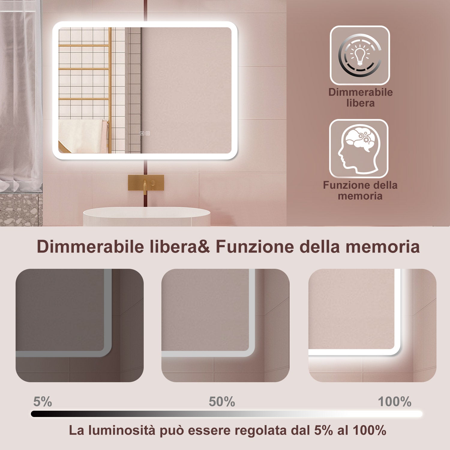 AICA Specchio da bagno  100 x 60 cm, dimmerabile, Blue tooth, Funzione Memoria, antiappannamento, 3 colori