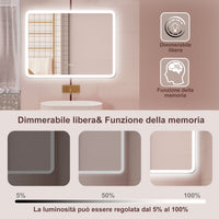 AICA Specchio da bagno  100 x 60 cm, dimmerabile, Blue tooth, Funzione Memoria, antiappannamento, 3 colori