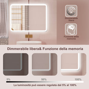 AICA Specchio da bagno  100 x 60 cm, dimmerabile, Blue tooth, Funzione Memoria, antiappannamento, 3 colori
