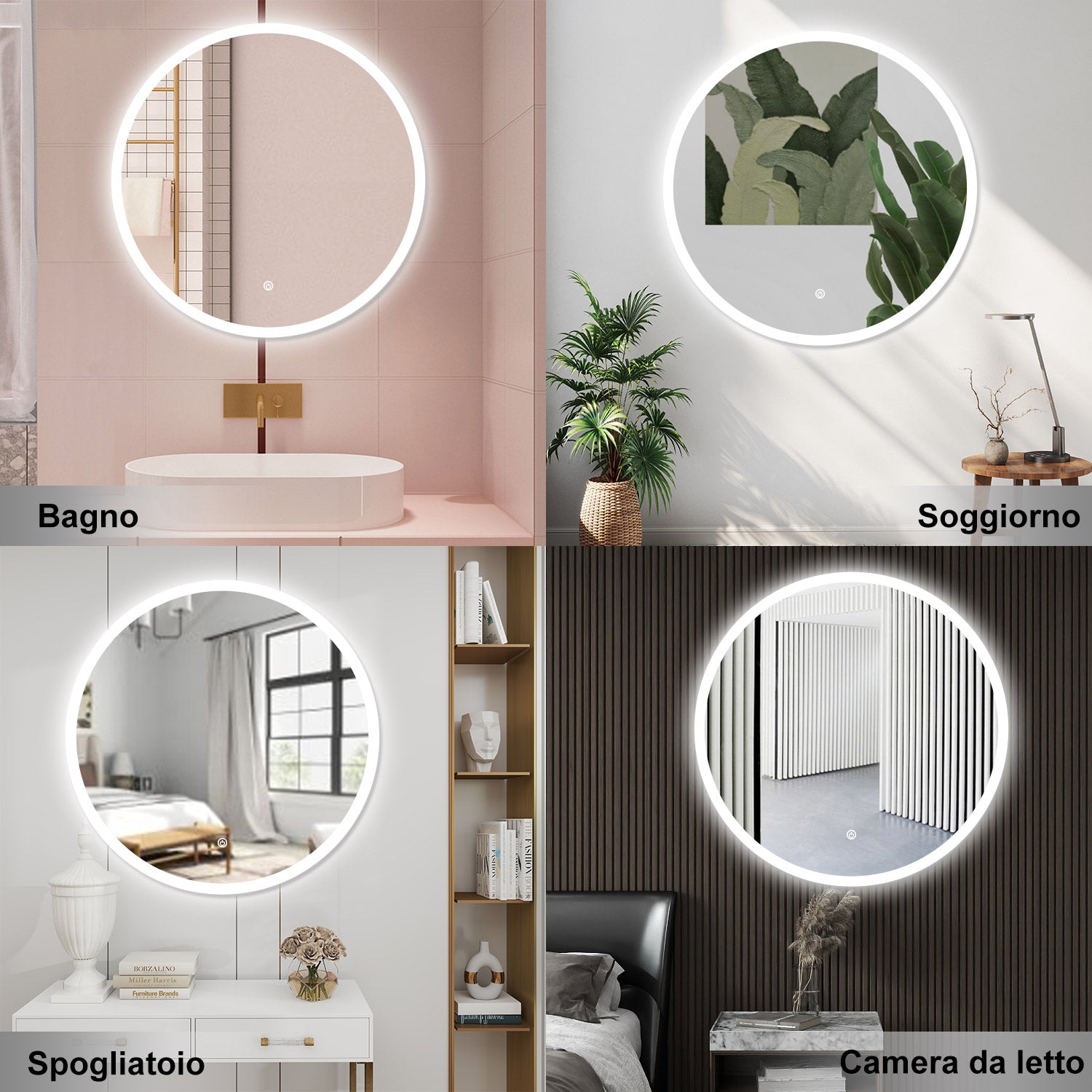 AICA Specchio da bagno 90 x 90 cm, antiappannamento, dimmerabile, interruttore touch, Funzione Memoria