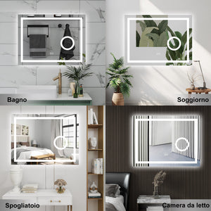 AICA Specchio da bagno  80 x 60 cm, dimmerabile, Blue tooth, Funzione Memoria, antiappannamento, 3 colori, Magnificatore