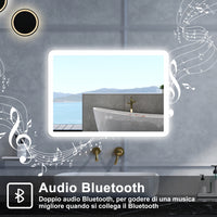 Specchio da bagno Rettangolare con 80x60cm,Blue tooth,3 colori,Memoria, Antifog,Regorabile,Retroilluminato,doppio interruttore,