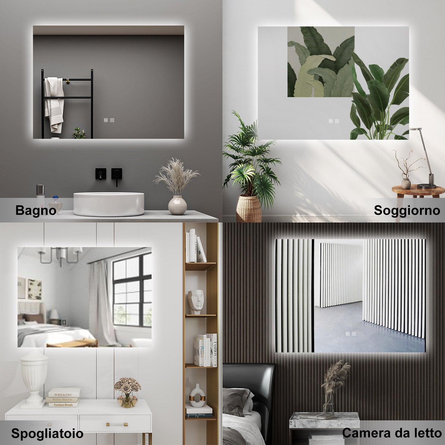 AICA Specchio da bagno 90 x 70 cm, dimmerabile, Funzione Memoria, antiappannamento, 3 colori