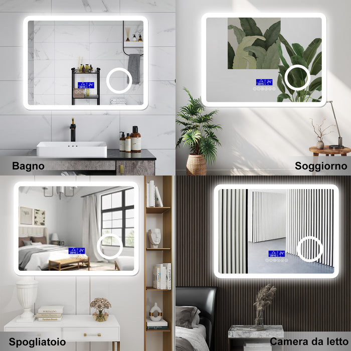 AICA Specchio da bagno  80 x 60 cm, dimmerabile, Blue tooth, Funzione Memoria, antiappannamento, 3 colori, Magnificatore,  orologio