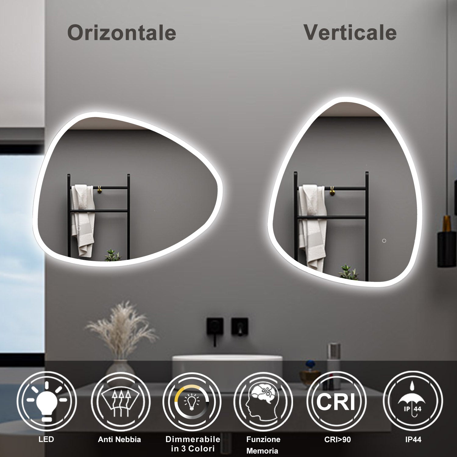 AICA Specchio da bagno 100 x 80 cm, dimmerabile, Funzione Memoria, antiappannamento, 3 colori