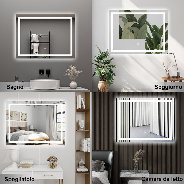 AICA Specchio da bagno  80 x 60 cm, dimmerabile, interruttore touch, Funzione Memoria, antiappannamento
