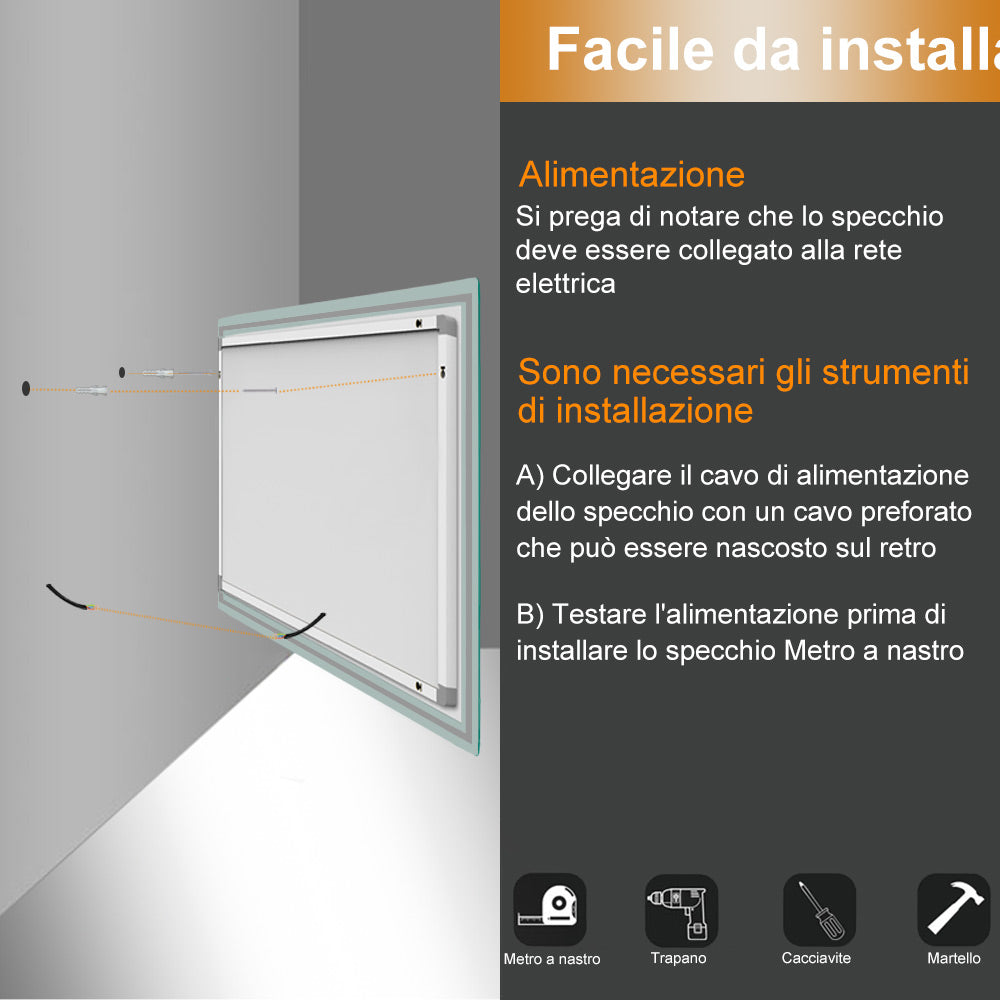 Specchio bagno Rettangolare 80x60 cm con led. Dimmerabile + Touch Control + Bordo non sabbiato + IP44