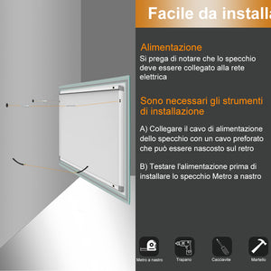 Specchio bagno Rettangolare 80x60 cm con led. Dimmerabile + Touch Control + Bordo non sabbiato + IP44