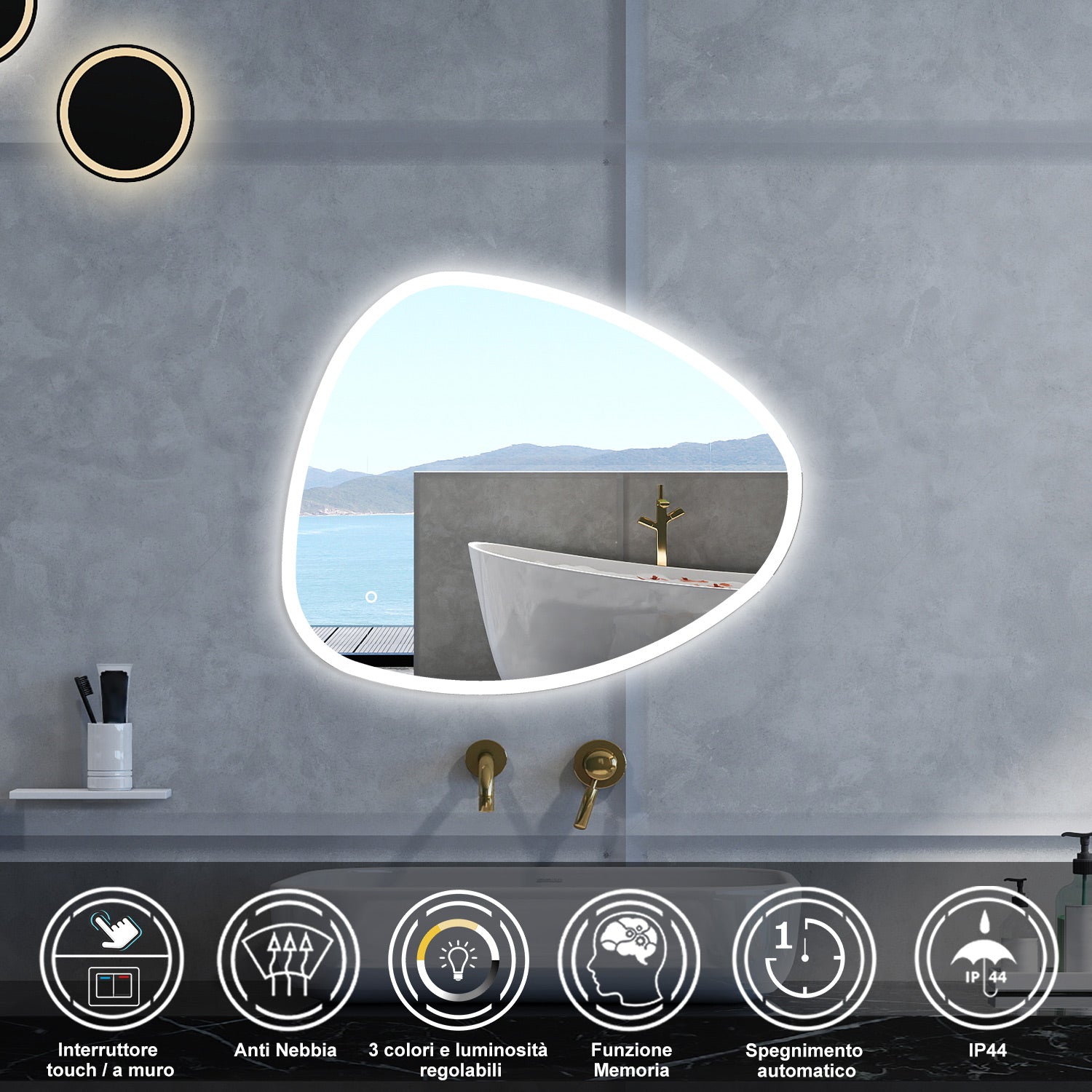 Specchio da bagno Asimmetrico con 80x650cm,3 colori,Memoria, Antifog,Regorabile,Retroilluminato,doppio interruttore,