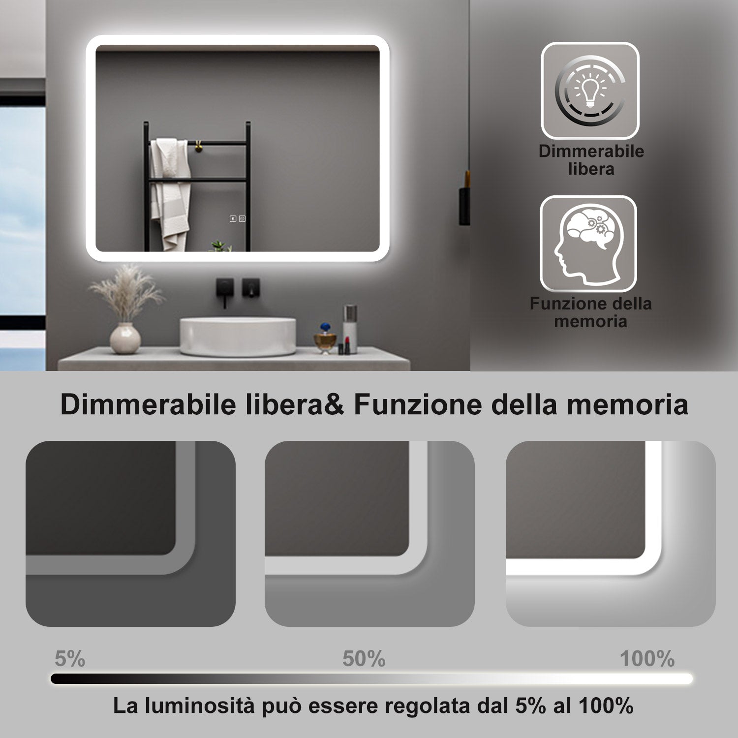 AICA Specchio da bagno  70 x 50 cm, dimmerabile, Blue tooth, Funzione Memoria, antiappannamento, 3 colori