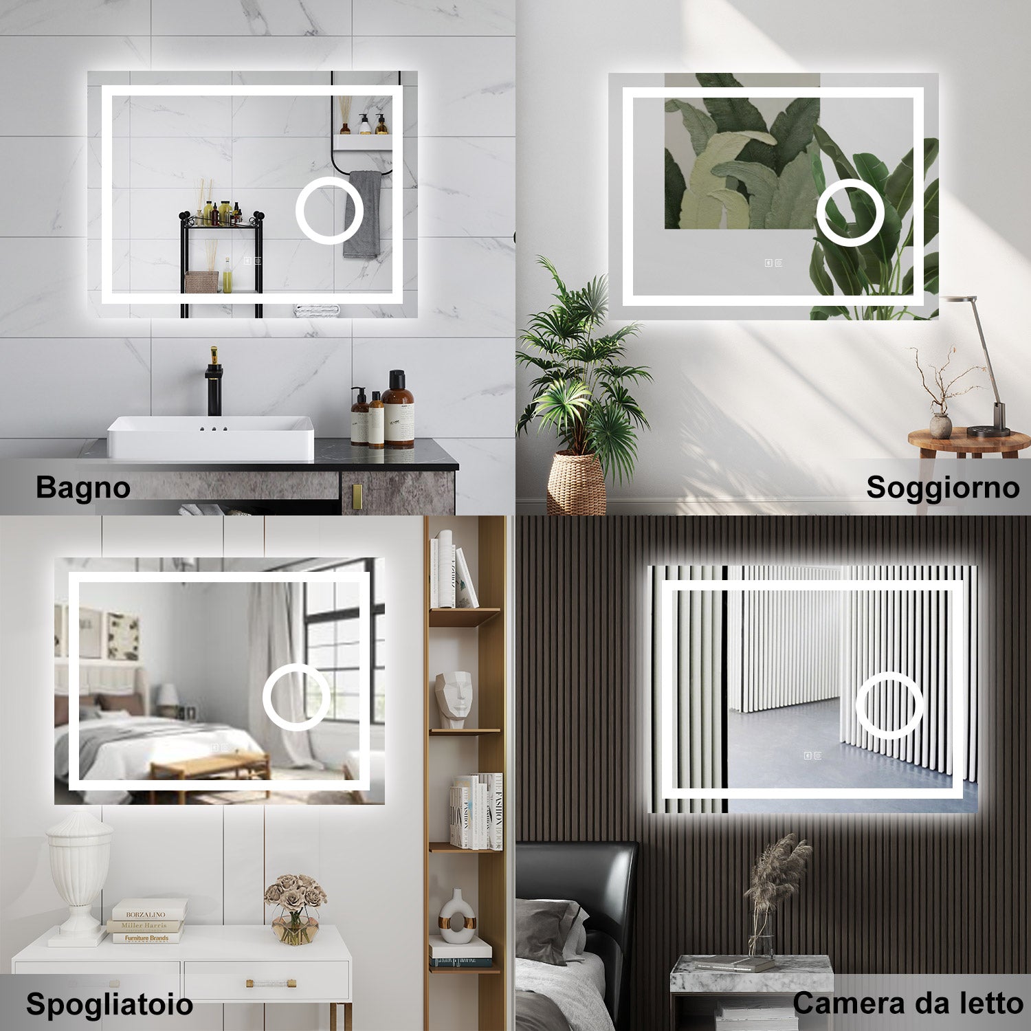 AICA Specchio da bagno  80 x 60 cm, dimmerabile, Blue tooth, Funzione Memoria, antiappannamento, 3 colori, Magnificatore