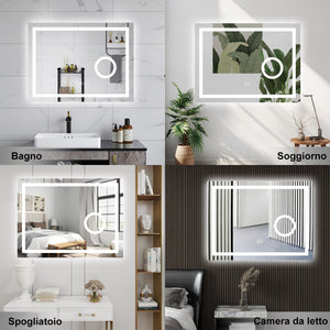 AICA Specchio da bagno  80 x 60 cm, dimmerabile, Blue tooth, Funzione Memoria, antiappannamento, 3 colori, Magnificatore