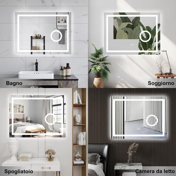 AICA Specchio da bagno  80 x 60 cm, dimmerabile, Blue tooth, Funzione Memoria, antiappannamento, 3 colori, Magnificatore