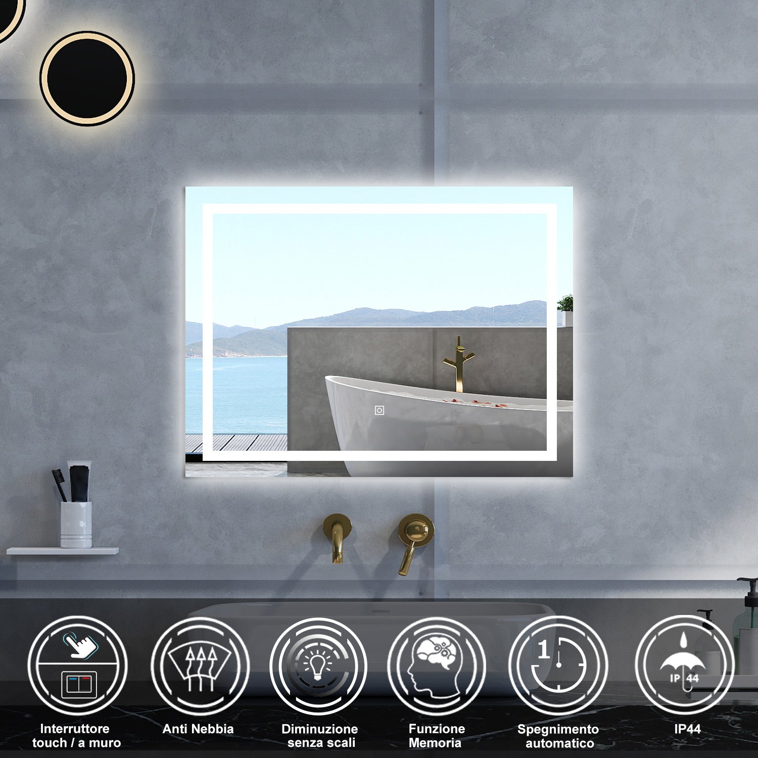 Specchio da bagno Rettangolare con 100x60cm,Memoria, Antifog,Regorabile,Retroilluminato,doppio interruttore,