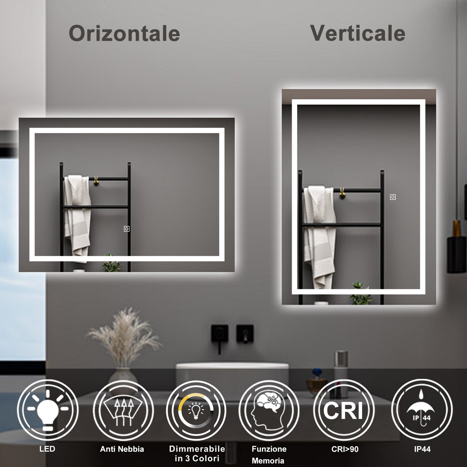 AICA Specchio da bagno  70 x 50 cm, dimmerabile, interruttore touch, Funzione Memoria, antiappannamento, 3 colori