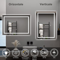 AICA Specchio da bagno  70 x 50 cm, dimmerabile, interruttore touch, Funzione Memoria, antiappannamento, 3 colori