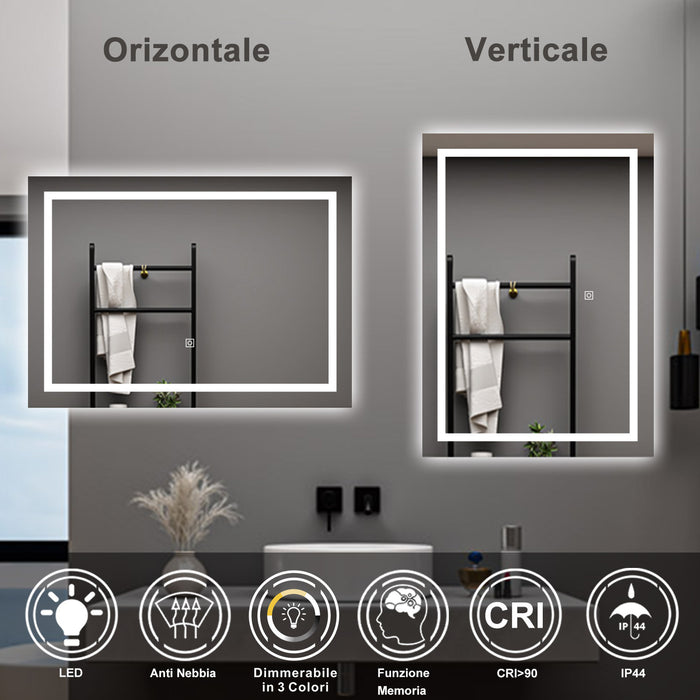 AICA Specchio da bagno  70 x 50 cm, dimmerabile, interruttore touch, Funzione Memoria, antiappannamento, 3 colori