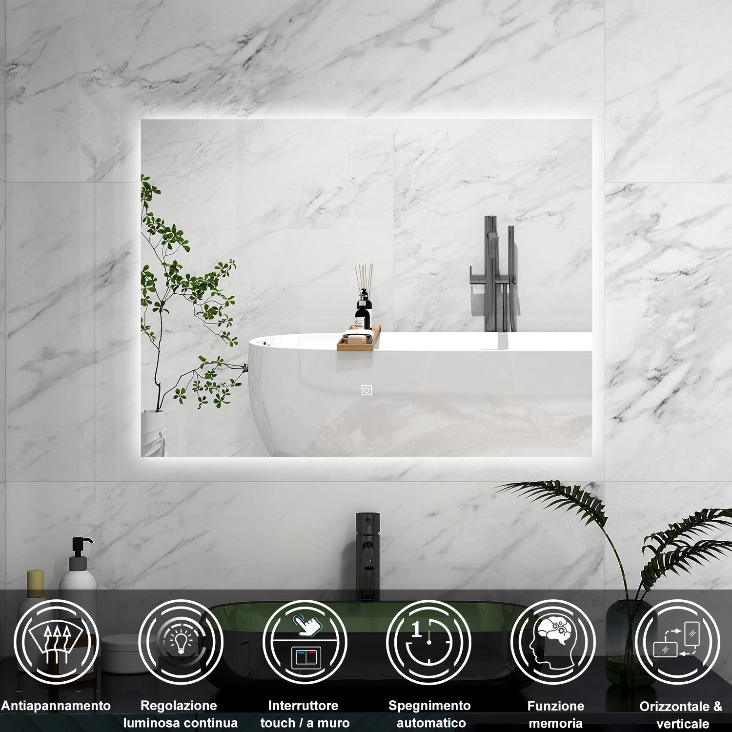 AICA Specchio da bagno 80 x 60 cm, antiappannamento, Regorabile, interruttore touch, Funzione Memoria