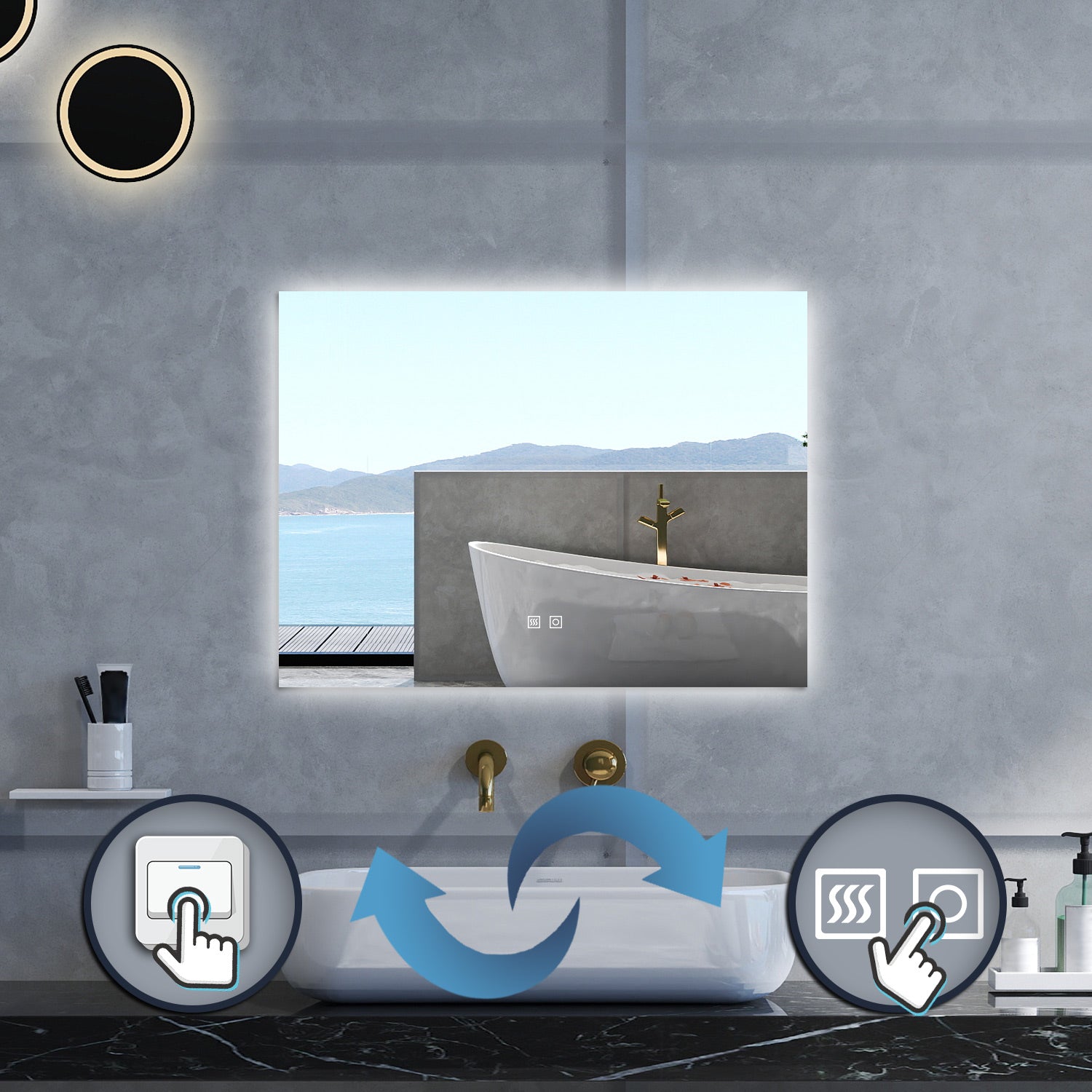 Specchio da bagno Rettangolare con 80x60cm,3 colori,Memoria, Antifog,Regorabile,Retroilluminato,doppio interruttore,