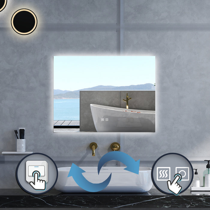 Specchio da bagno Rettangolare con 80x60cm,3 colori,Memoria, Antifog,Regorabile,Retroilluminato,doppio interruttore,