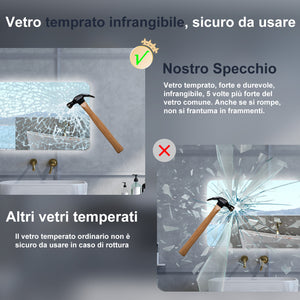 Specchio da bagno Rettangolare con 70x50cm,Memoria,Regorabile,Retroilluminato,doppio interruttore,HD temperato