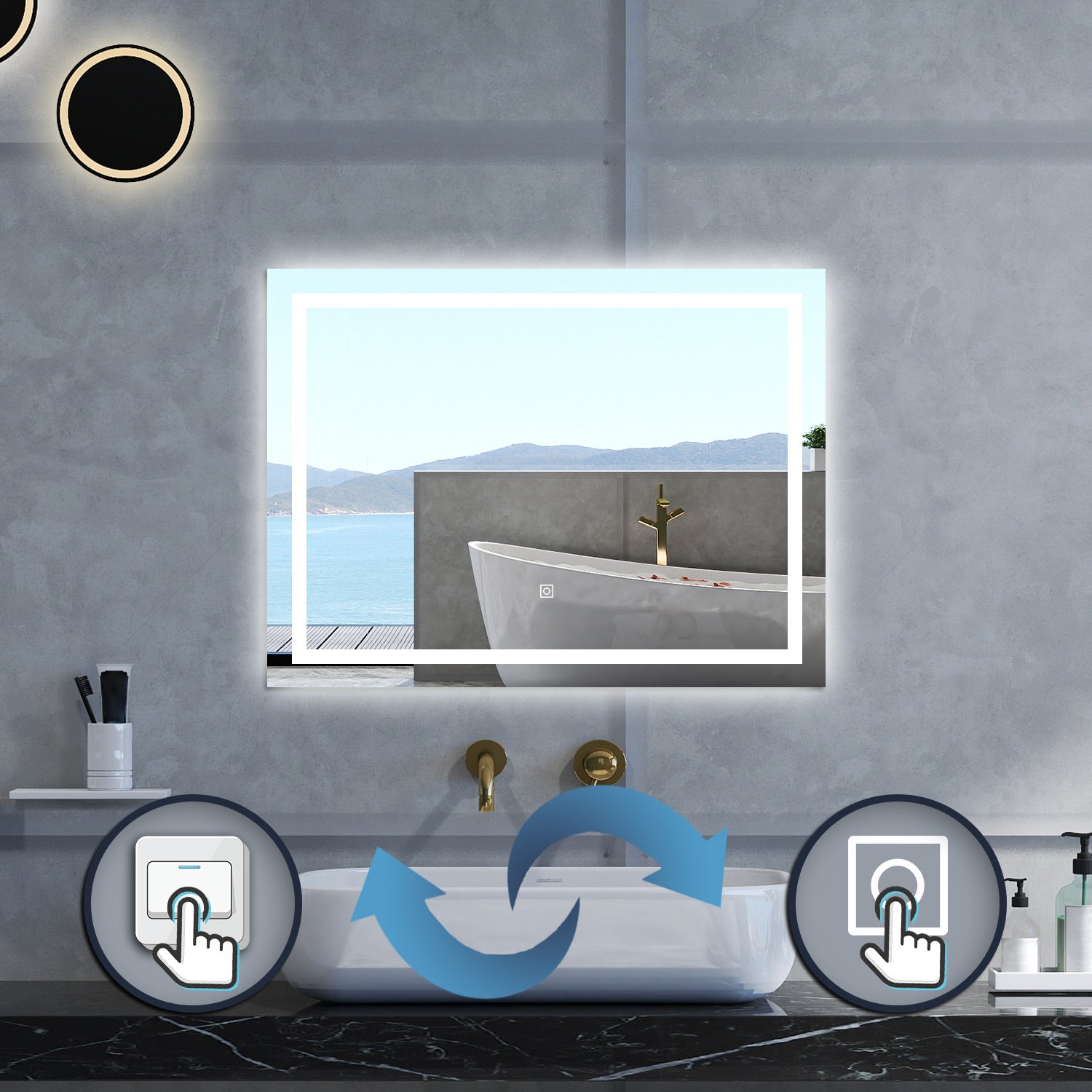 Specchio da bagno Rettangolare con 120x80cm,3 colori,Memoria, Antifog,Regorabile,Retroilluminato,doppio interruttore,