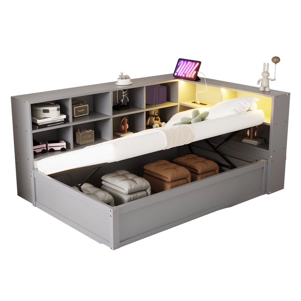 OKWISH Letto Divano 90×200 cm, Letto Singolo con Contenitore, Prese USB, LED e Vani, senza Materasso, in Legno, Grigio