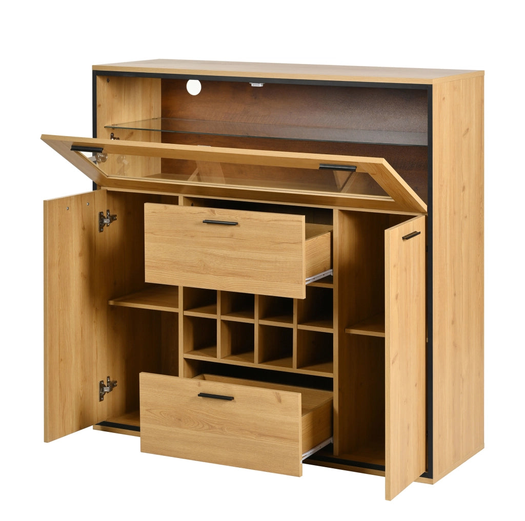 Credenza portabottiglie 110x38x111 cm con 2 ante; LED e divisorio in vetro; legno naturale e nero