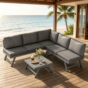 Set salotto da giardino angolare 4 pezzi per 5 persone; grigio; con tavolino in alluminio e acciaio