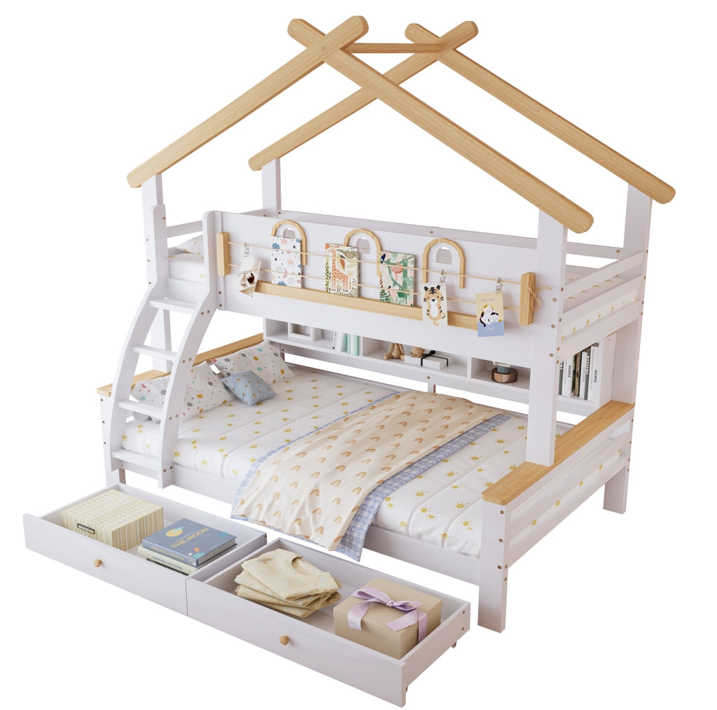 Letto a castello per ბავშვi con 2 cassetti su ruote; scala inclinata e tetto; 90x200 cm; bianco e naturale