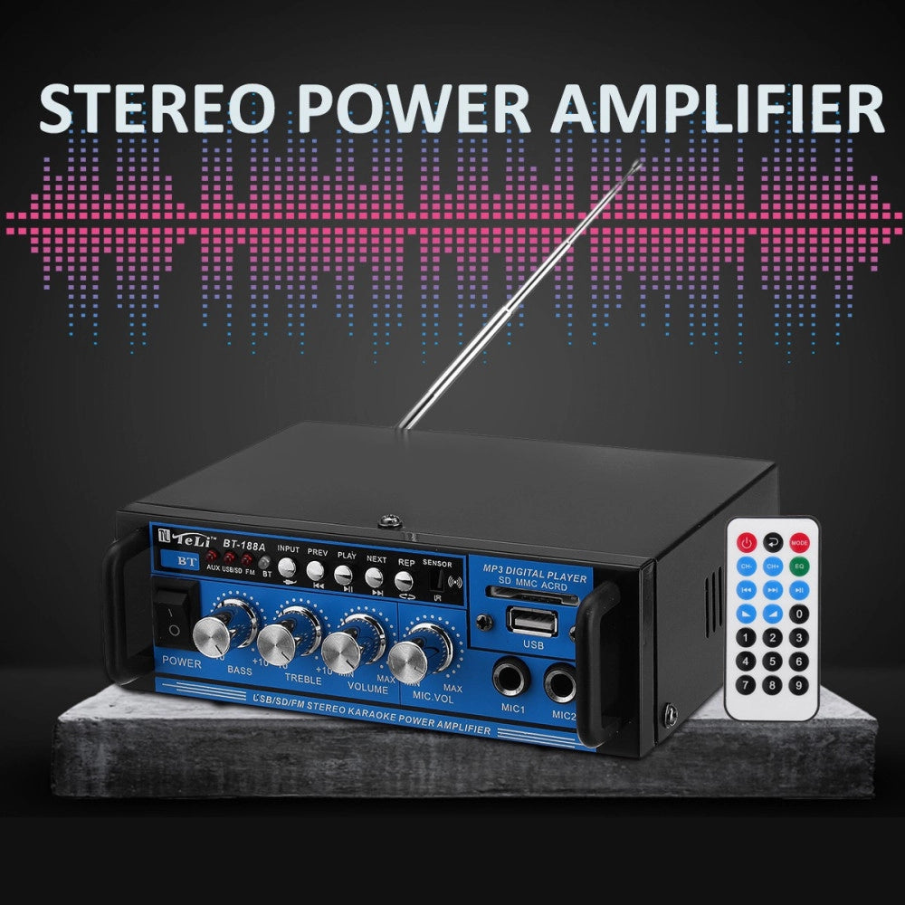 Trade Shop - Amplificatore Audio 12v 220v Usb Sd 2 Microfoni Mp3 Fm Casa Auto Karaoke Bt188a -
