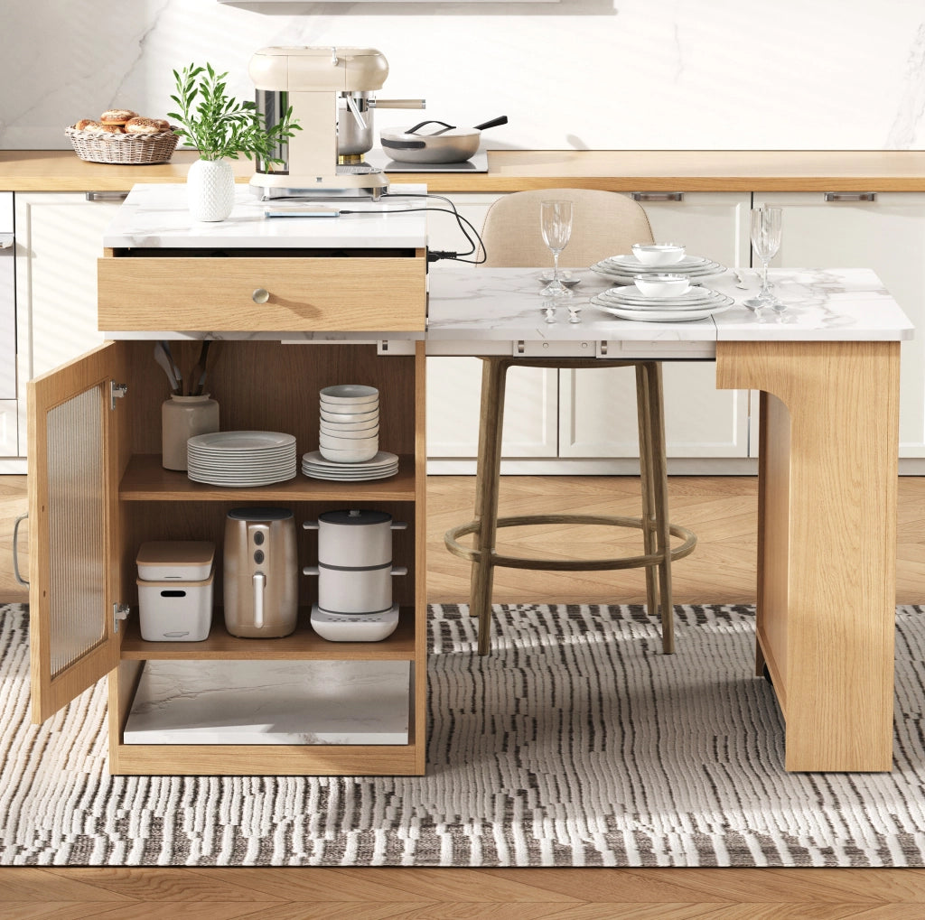 Isola cucina mobile con tavolo estensibile e prese, naturale