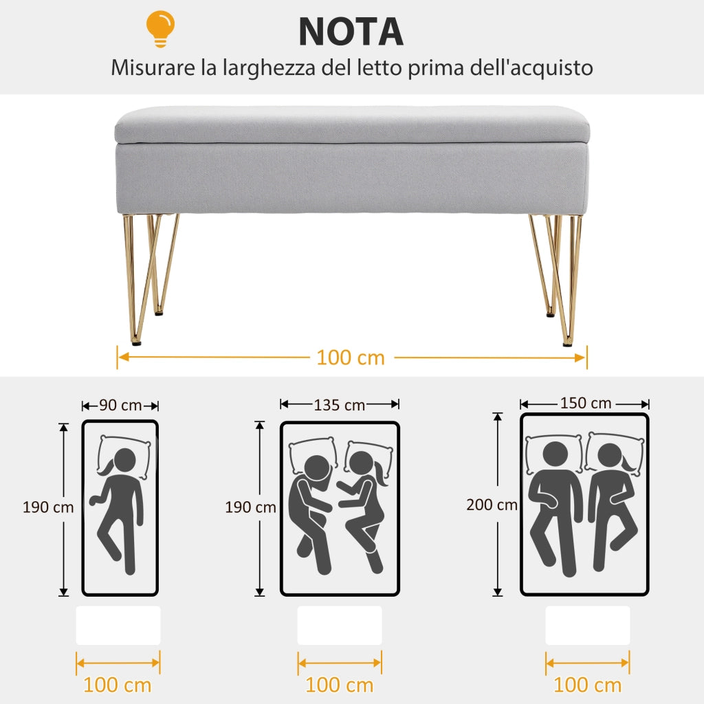 Panca Fondo Letto con Contenitore 100x40x49 cm in Tessuto e Gambe in Acciaio Grigio Chiaro