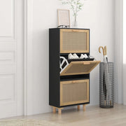 Scarpiera-Scaffale per scarpe Nero 52x25x115cm Legno Multistrato e Rattan Naturale