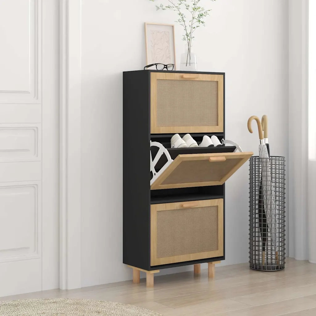 Scarpiera-Scaffale per scarpe Nero 52x25x115cm Legno Multistrato e Rattan Naturale