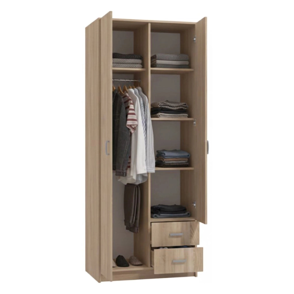 Armadio Camera da Letto Cimena, Guardaroba 2 Ante Appendiabiti, 80x205h cm Marrone Rovere