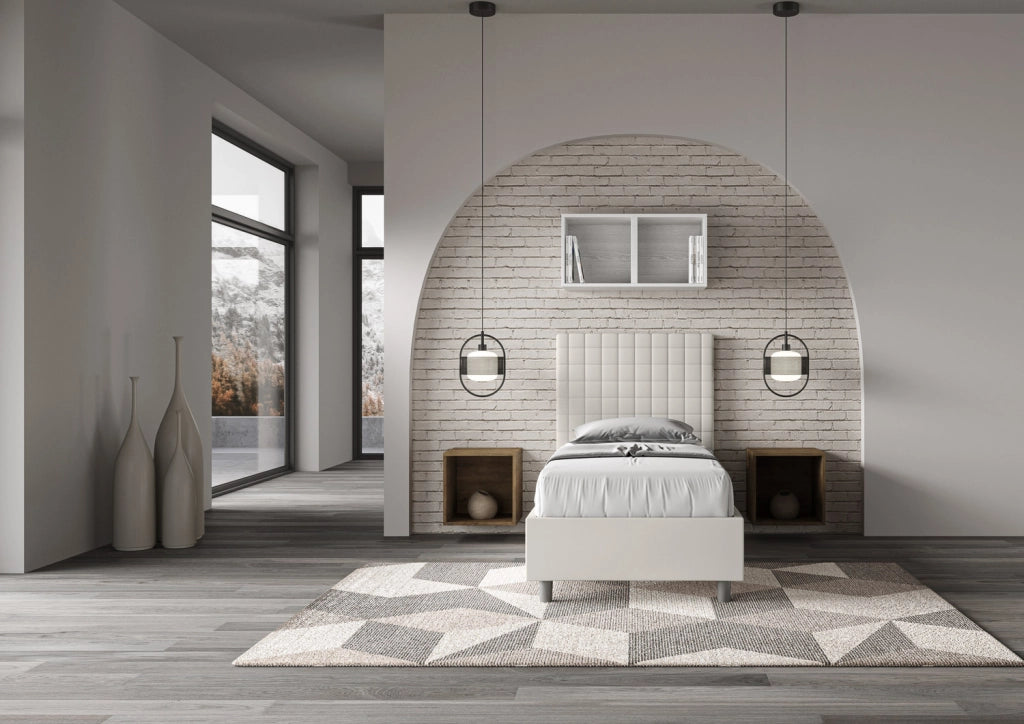 BS COM Letto singolo con rete imbottito 80x210 similpelle bianco