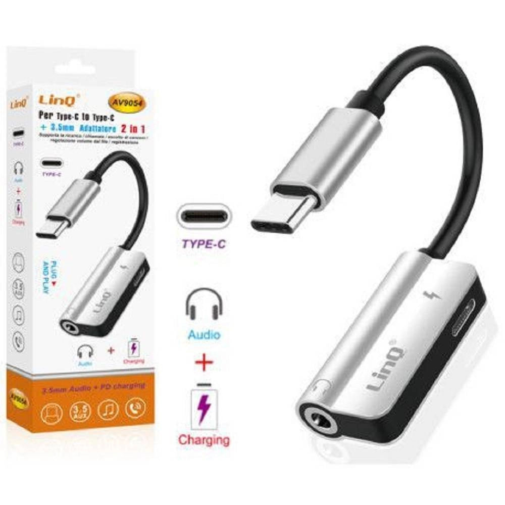 Trade Shop - Adattatore 2in1 Da Type-c A Type-c Pd Ricarica + Jack Audio 3,5mm Cuffie Av9054 -