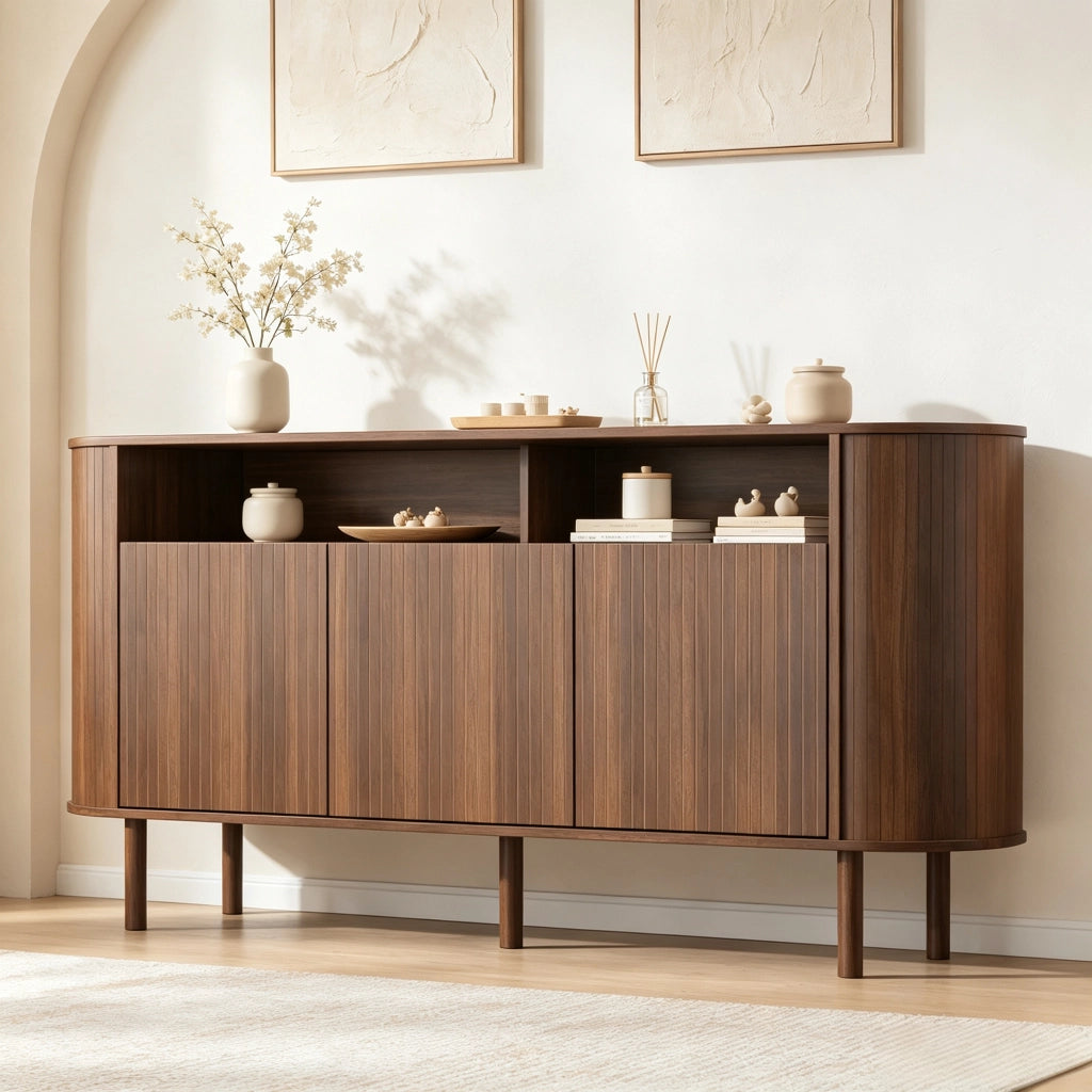 Credenza sideboard 160x40x78,5 cm in color noce con 3 ante ondulate e 2 vani a giorno