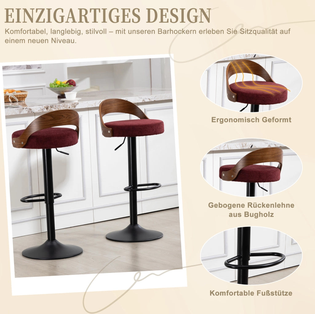 Set 2 sgabelli bar girevoli 360° regolabili in altezza; lino bordeaux; con schienale effetto noce