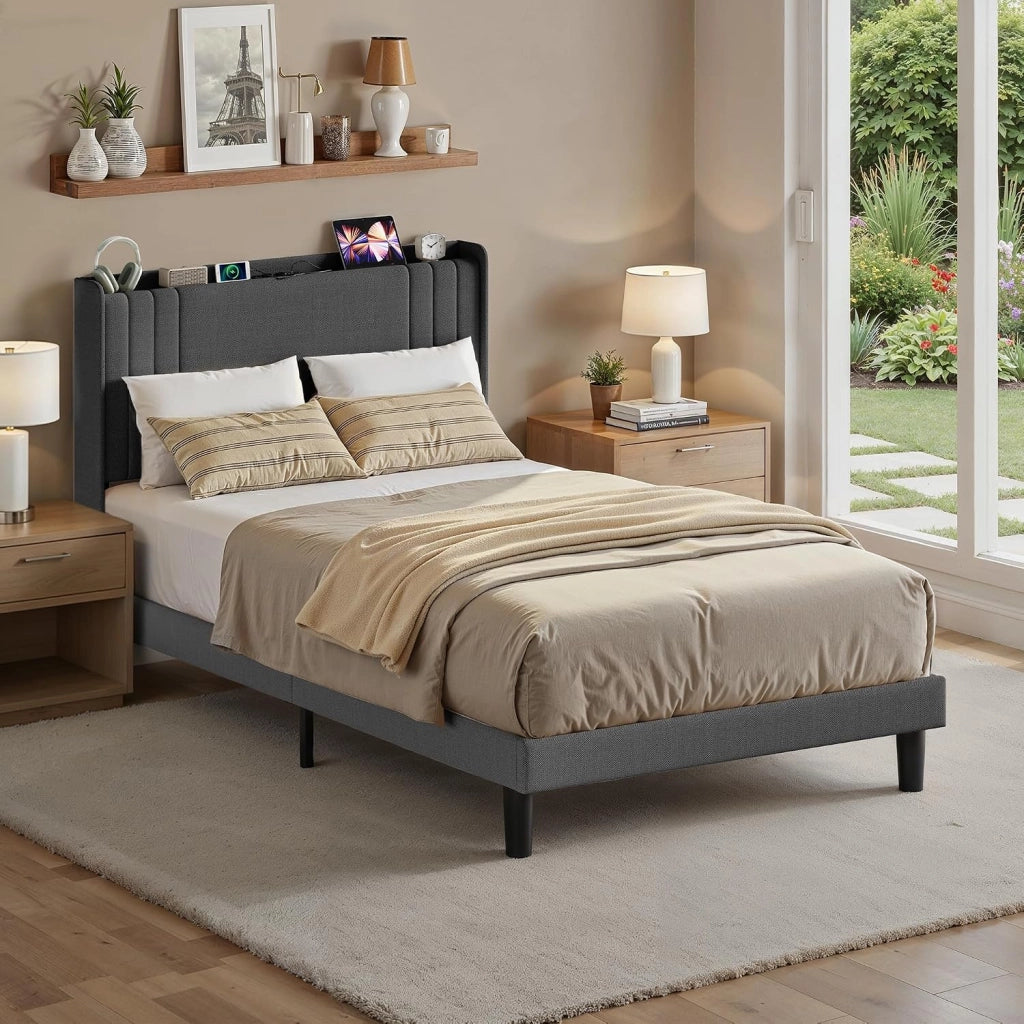Letto imbottito con luce LED 120 x 200 cm，Piattaforma Struttura letto (2 Prese CA 2 Porte USB), Per le camere degli ospiti e le camere da letto (Grigio scuro)